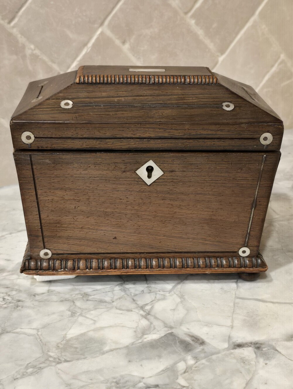 Antique Gorgian Period English Tea Caddy Wood Carved Sarcophagus Jewelry Box
